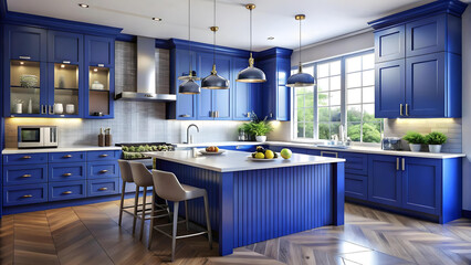 interior of a blue theme luxury home kitchen