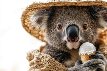Obraz premium Koala wearing straw hat, holding ice cream cone, exuding joy. This adorable scene captures playful moment in sunny setting, perfect for summer vibes