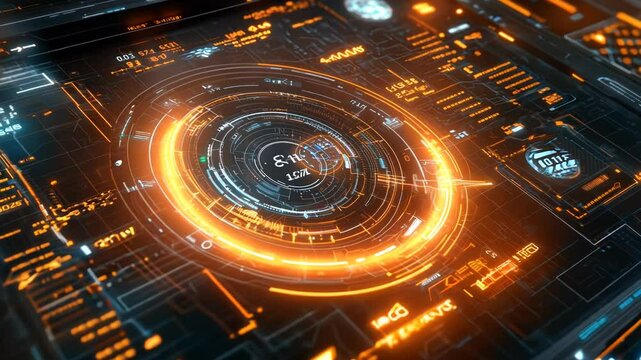 Futuristic digital interface with glowing orange and blue lights on a black background.