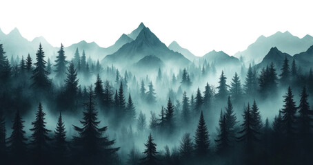Fototapeta premium PNG Mysterious misty forest aerial view with foggy mountains and green pine trees in a natural landscape scenery nature vegetation.