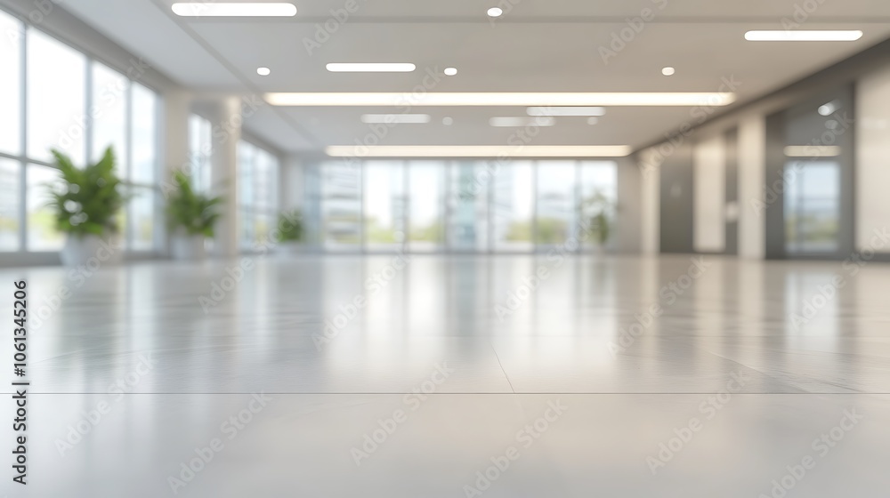 Poster empty office hallway with white floor subtle blur background with space for custom text