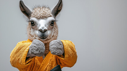 llama in karate uniform, ready to fight, showcases unique blend of humor and creativity. This playful image captures spirit of martial arts with whimsical twist