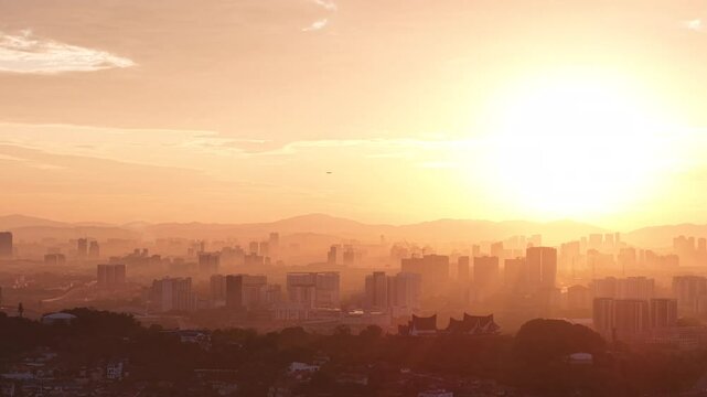 malaysian mosque Masjid Sultan Salahuddin Abdul Aziz Shah during beautiful sunrise aerial shot