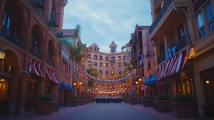 Obraz premium Enchanting Courtyard of an Elegant European-Style Building at Night