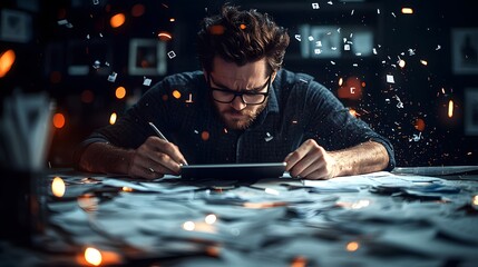 Intense concentration of a man engaged in creative work with a tablet and scattered papers around. Store Management Concept