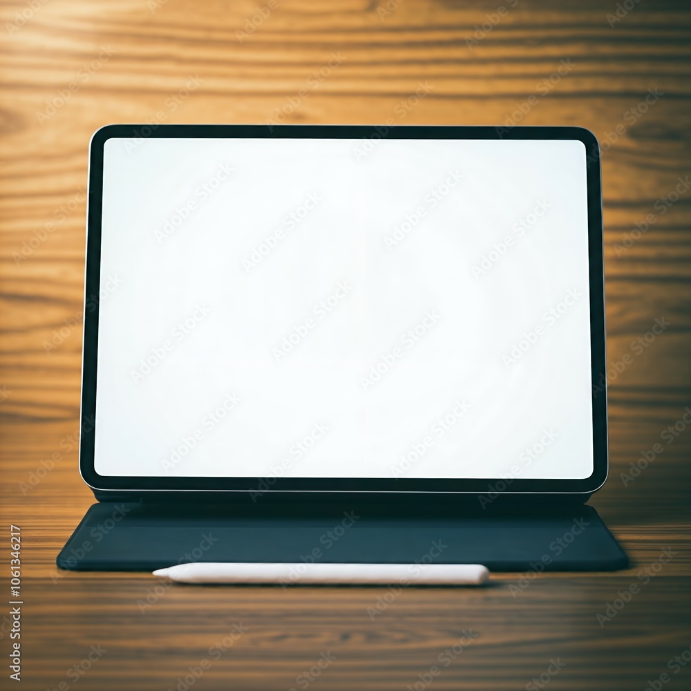 Poster mockup screen, a tablet with a stylus on a wooden surface, displaying a blank screen with a soft ref