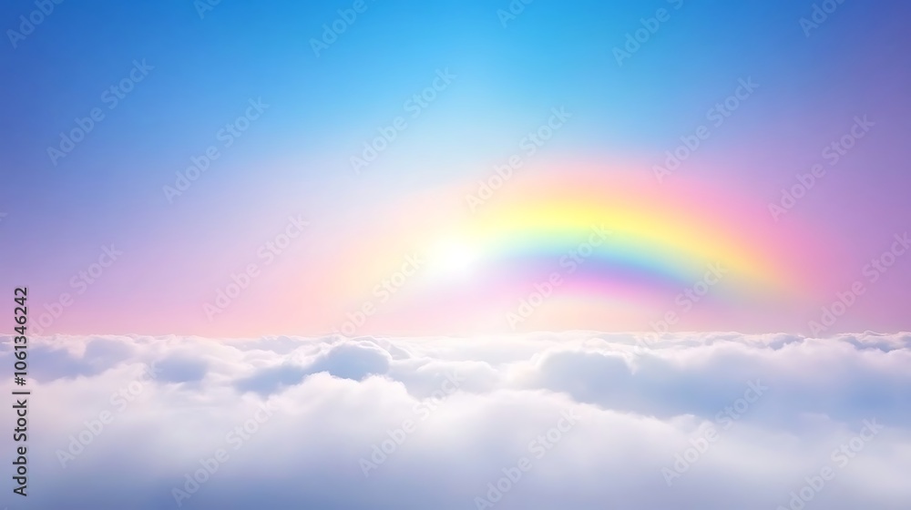 Poster rainbow over clouds minimalist white background with space for text