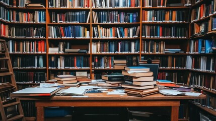 Fototapeta premium Cozy Library Nook with Bookshelves and Scattered Books