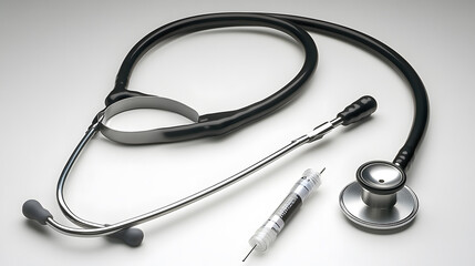A stethoscope and syringe arranged on a clean surface, symbolizing medical tools used for examination and treatment.