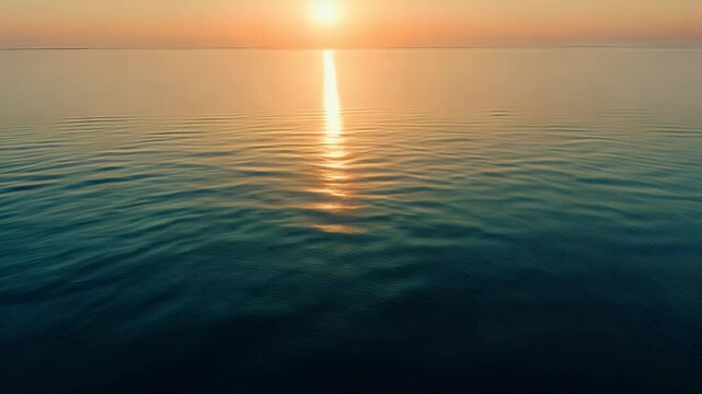 Golden sunset reflecting on calm ocean waters, creating a serene and tranquil atmosphere.