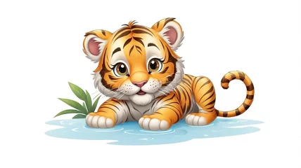 Cute little tiger in 3D cartoon style, isolated on white background.
