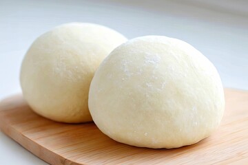 Two fresh dough balls on wooden board