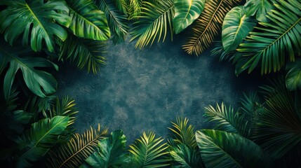 Obraz premium Tropical leaves frame on a dark background