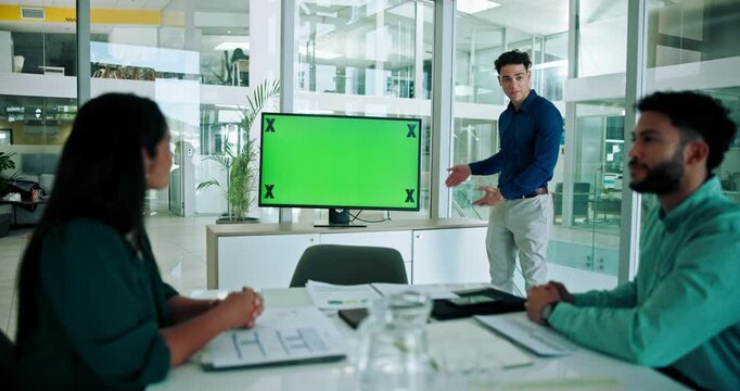 Businessman, meeting or presentation with green screen for business strategy, advertising or marketing at office. Business people, speaker or employees with tracking chromakey display or mockup space