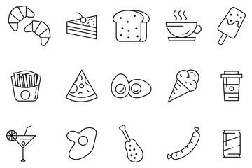 Food icons vector set. Eat icons, drinks icon set. Breakfast, lunch and dinner food and drink. Hot and cold drink, ice cream. Illustration.