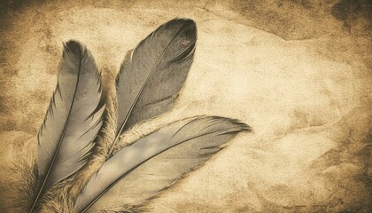 A vintage background featuring three elegant feathers against a textured surface, evoking a sense of nature and artistry.