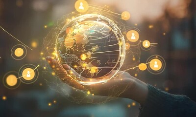 Hand holding globe with network connecting data. Implement of digital technology, cloud computing and ai artificial intelligence develop smart information transformant and global business development - Powered by Adobe