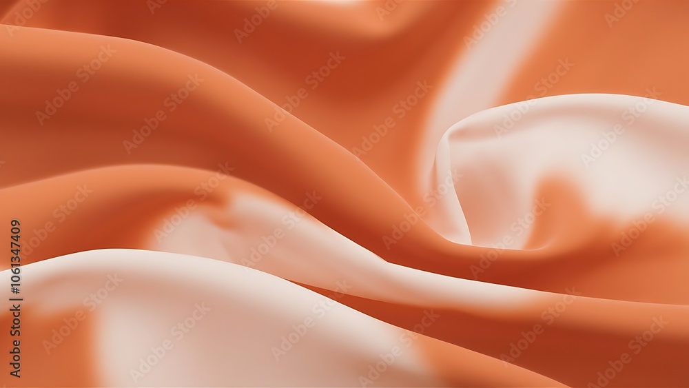 Poster Soft Peach and White Fabric Draped Texture. A closeup shot of a soft peach and white fabric draped in a flowing, undulating pattern, showcasing its smooth texture and subtle color gradient.