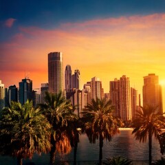 Stunning city skyline with palm trees silhouetted against a colorful sunset sky, capturing urban charm and tropical vibes.