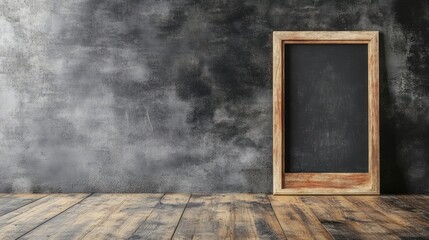 A rustic wooden frame stands against a textured gray wall, ready for personalization.