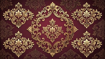 An ornate design of intricate golden filigree flourishes, arranged symmetrically on a deep crimson backdrop