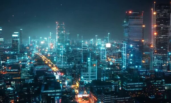 Smart city digital transformation development concept. Band lights over modern urban cityscape at night. New fast internet communication 5G technology. Fiber Optics