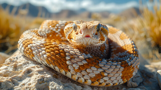Close Up Photo of a Yellow and White Snake on a Rock