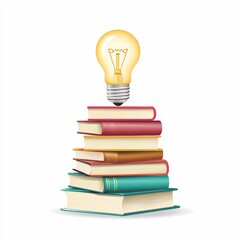 A stack of colorful books topped with a glowing light bulb symbolizing knowledge and ideas.