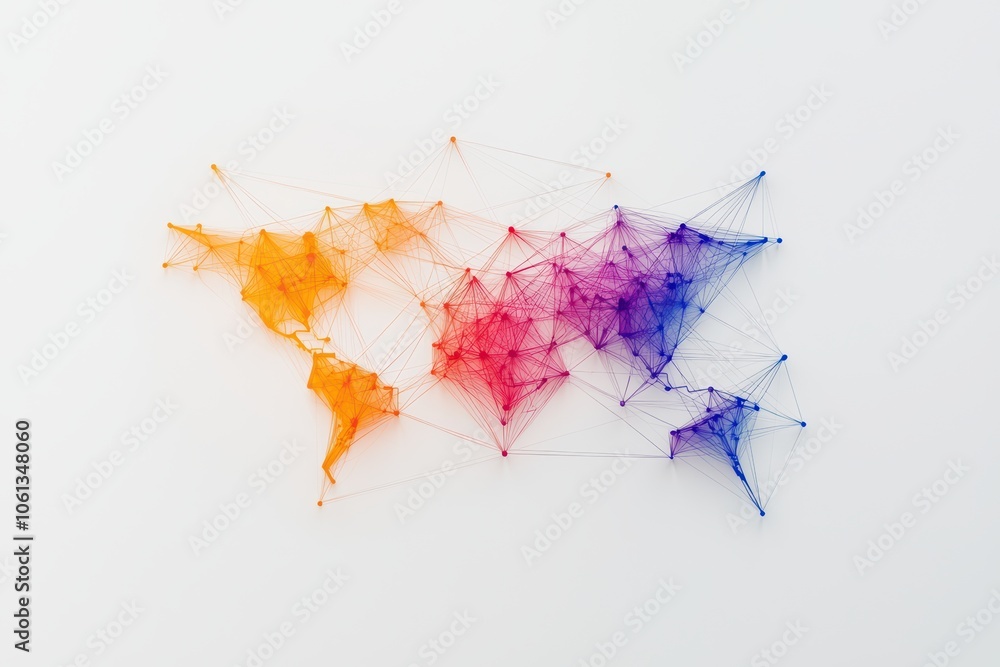 Poster abstract world map in vibrant colors with interconnected lines on a white background.