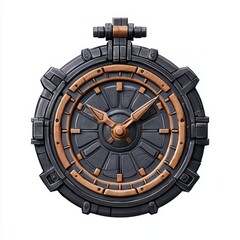 A vintage mechanical clock with intricate design elements, showcasing copper accents against a dark background.