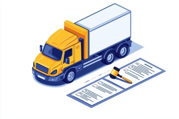 A yellow delivery truck with a gavel and checklist, isolated on a white background.