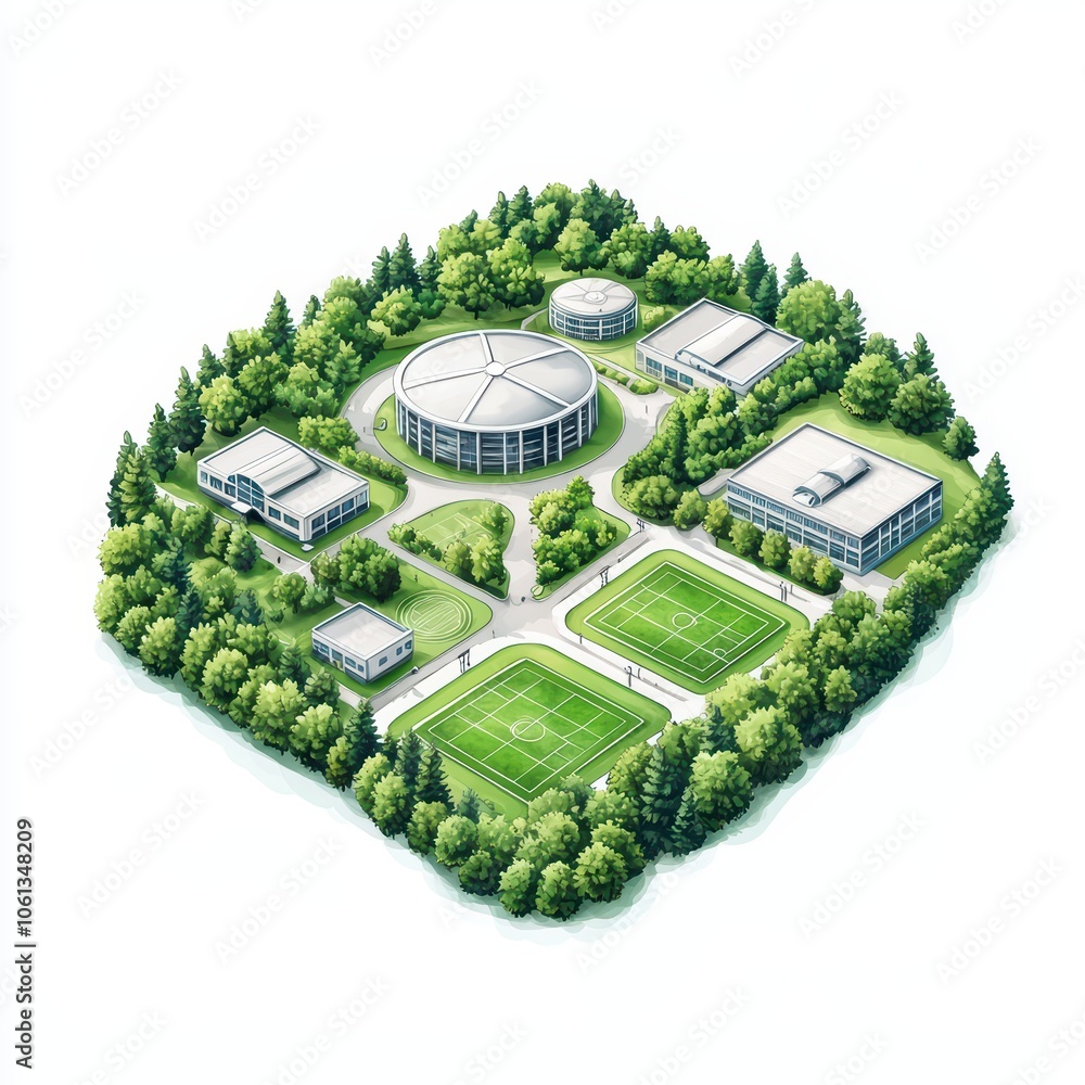 Poster Aerial view of a multi-building complex surrounded by trees, featuring sports fields and modern architecture.