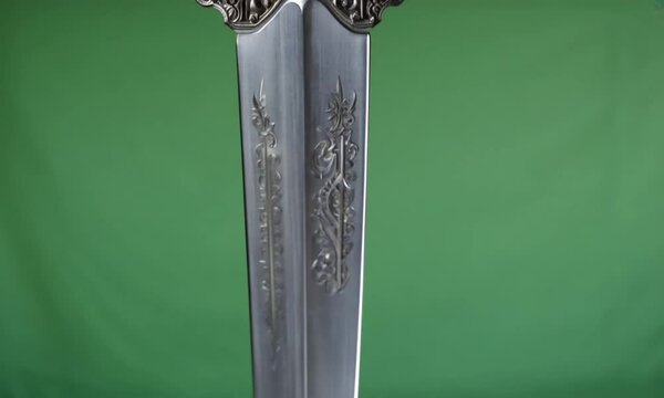 Gleaming Silver Sword Rotating with Intricate Engravings and Light Reflections