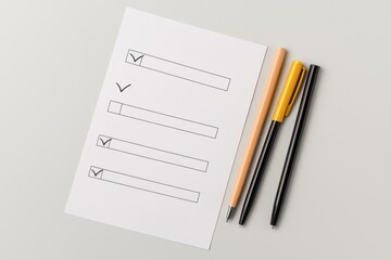 Naklejka premium Checklist on paper with pens, business planning and organization concept, white background.
