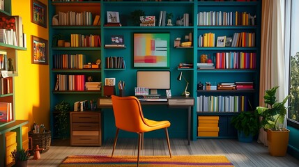 Teal and Yellow Home Office with Built-in Bookshelves and a Modern Desk