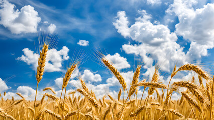 A field of wheat is growing in a sunny day