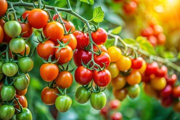 Aerial View of Vibrant Cherry Tomato Truss in Lush Green Garden Setting, Perfect for Fresh Produce, Gardening, and Organic Farming Concepts