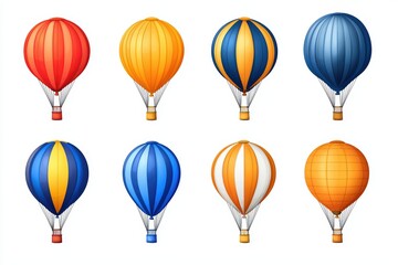 Colorful hot air balloons in various patterns, ideal for travel and adventure themes, on a white isolate background.