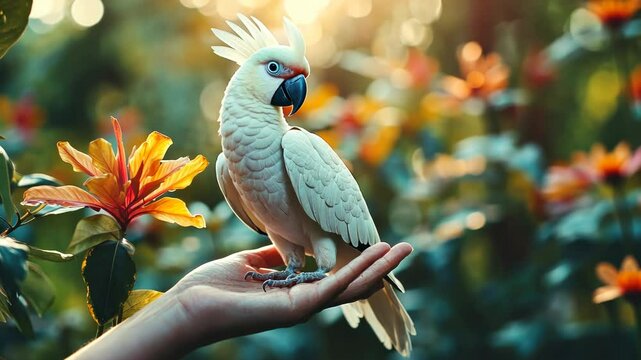 White Cockatoo perched on a hand with a vibrant orange flower in the background, surrounded by lush greenery and sunlight.
