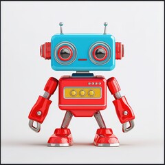 Fototapeta premium Colorful retro robot toy with round eyes and a cheerful expression, standing on a white isolated background.