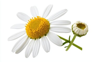 Fototapeta premium Daisy flower with yellow center and budding flower, white isolate background.