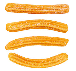 Churros isolated on white. Flying Fried churros with sugar cristals in the air. Levitating Traditional Spanish dessert. Collection