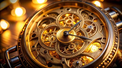 Obraz premium The intricate, gilded gears of an antique timepiece bathed in warm light, a testament to the enduring beauty of mechanical craftsmanship