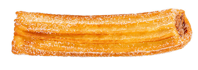 One Churro isolated on white. Flying Fried churros with sugar cristals in the air. Levitating Traditional Spanish dessert. Collection