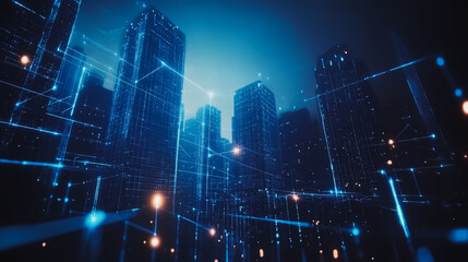 Fototapeta premium Smart digital city with connection cyber security network reciprocity over the cityscape . future smart wireless digital city and social media networking systems that connects people within the city