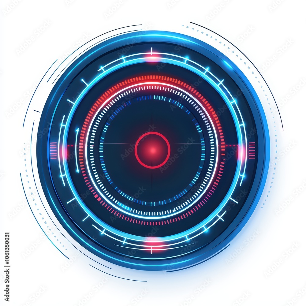 Poster futuristic digital interface, circular design with glowing elements, white isolate background.