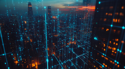 Obraz premium Smart digital city with connection cyber security network reciprocity over the cityscape . future smart wireless digital city and social media networking systems that connects people within the city