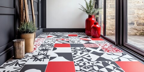A modern interior featuring patterned tiles in red, black, and white, with decorative plants.