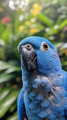 Obraz premium Blue hyacinth macaw parrot staring with intense gaze in lush tropical setting