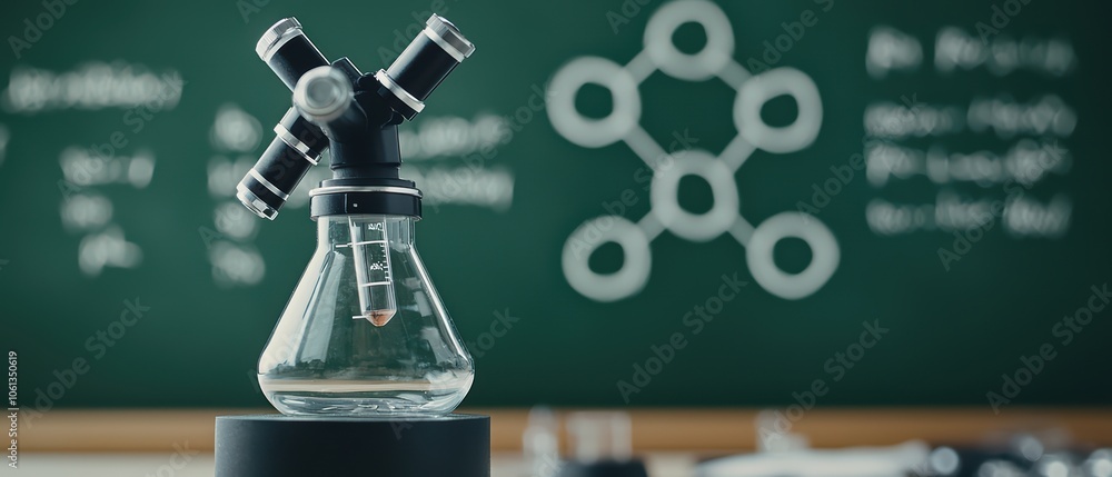 Poster laboratory glassware on a lab table with a chalkboard background showcasing chemical structures.